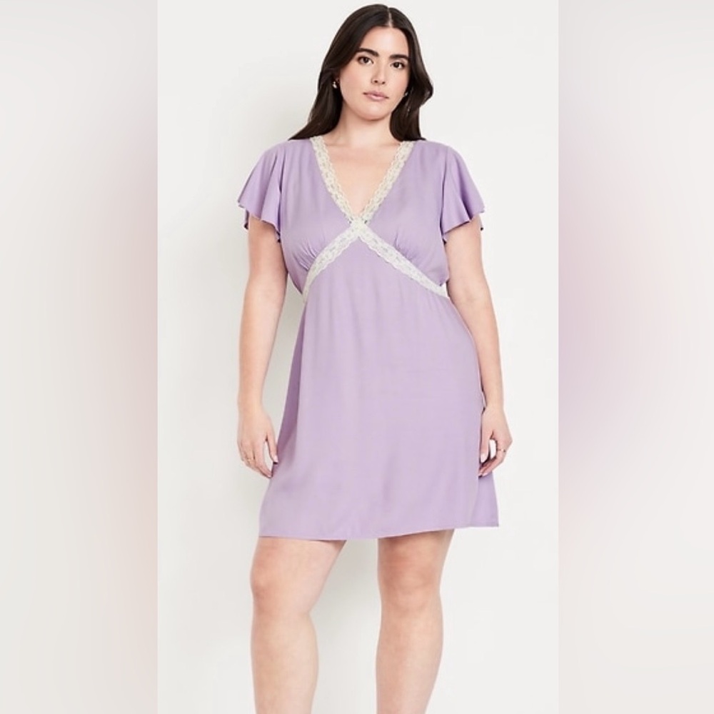 NWT Fit & Flare Crepe Lace Trim Mini Dress. Size: Large